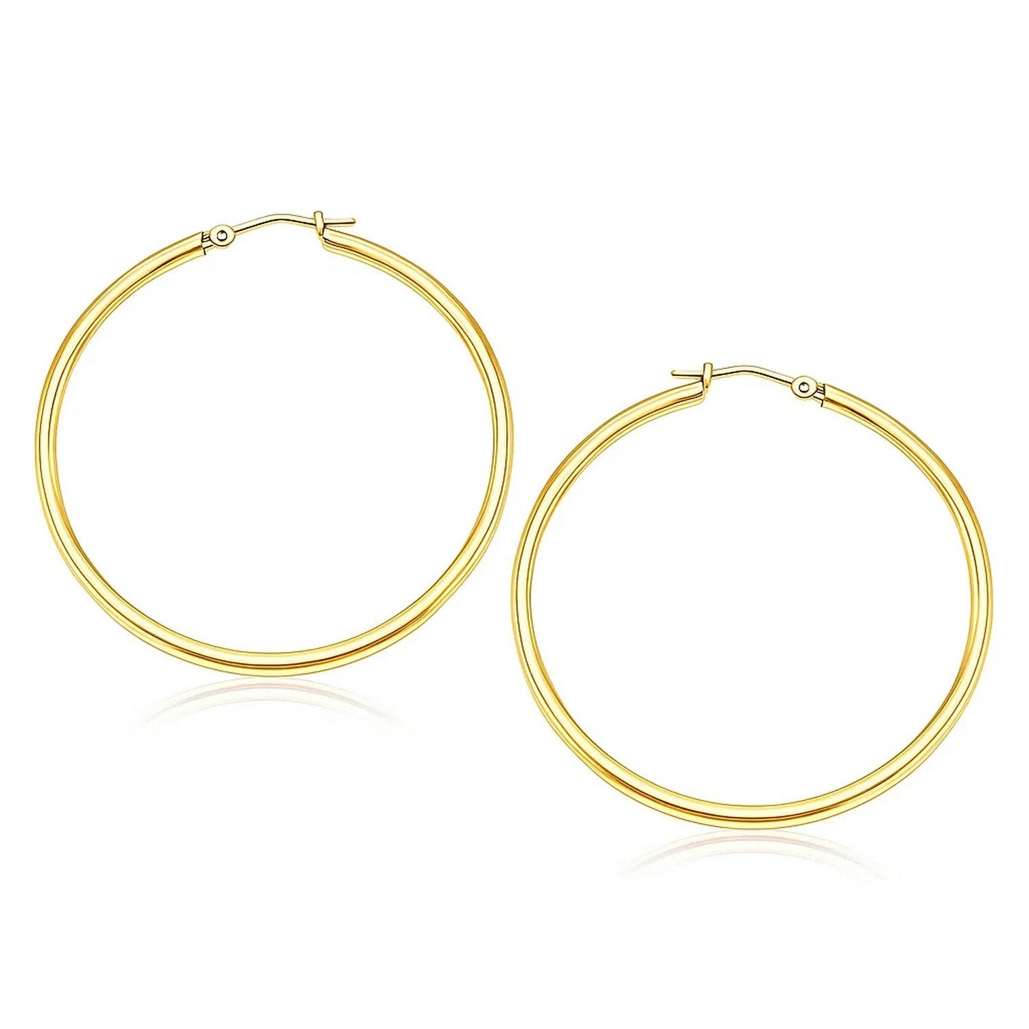 14k Yellow Gold Polished Hoop Earrings (2x40mm) in a sleek high-contrast midnight luxury editorial style